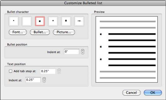 edit space between bullet and text word for mac 2016